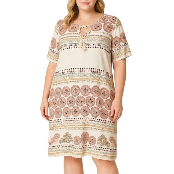 Gibson Latimer Womens Boho Print Tassel Tie Neck Tunic Dress Plus Size 2X - Picture 1 of 8